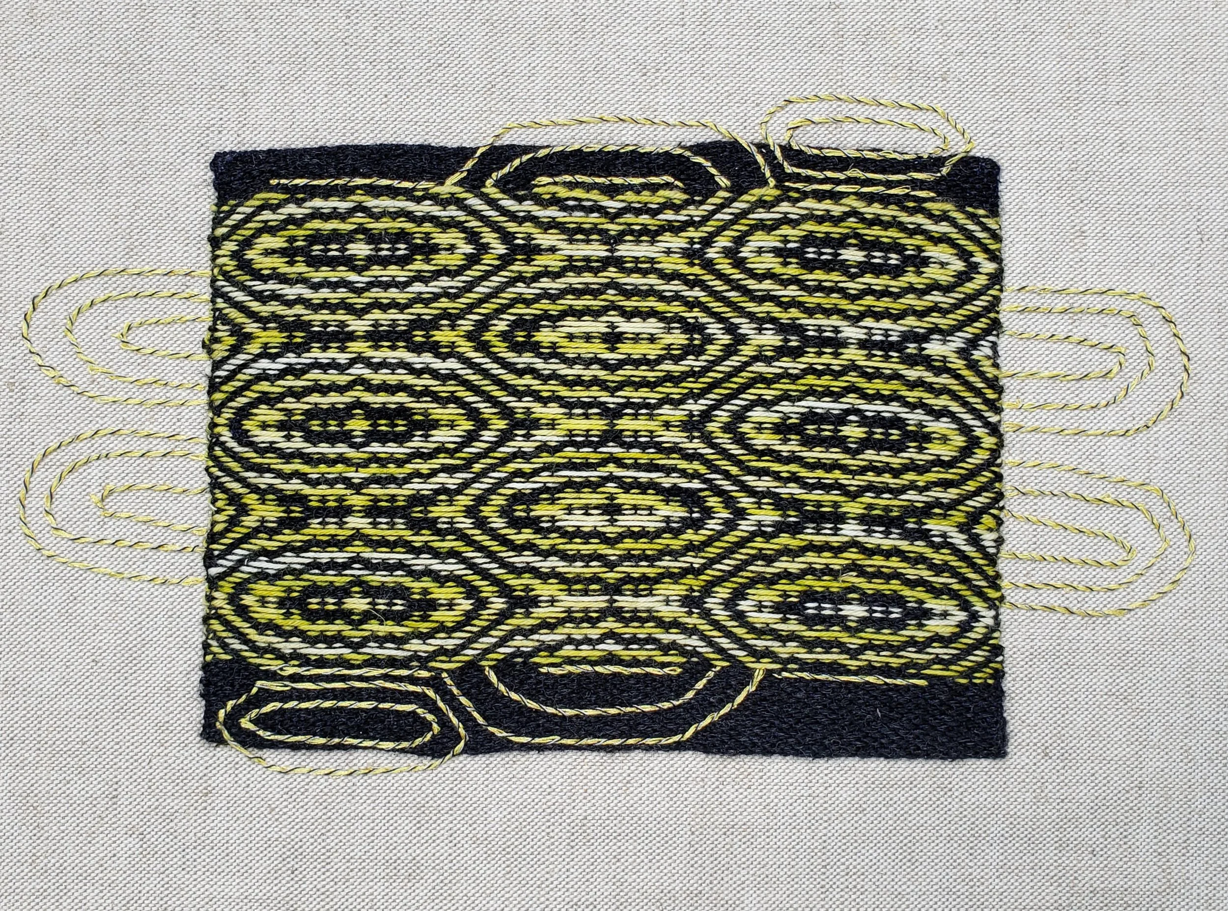 Woven in response to Answering the Mountains call. Wheel of Fortune Woven as Planet Rings (2026) responding to Bernard Clay's Making of a Casual Astronomer from English Lit. 9"x12", wool, dyed cotton, cotton & metallic hand embroidery on linen canvas