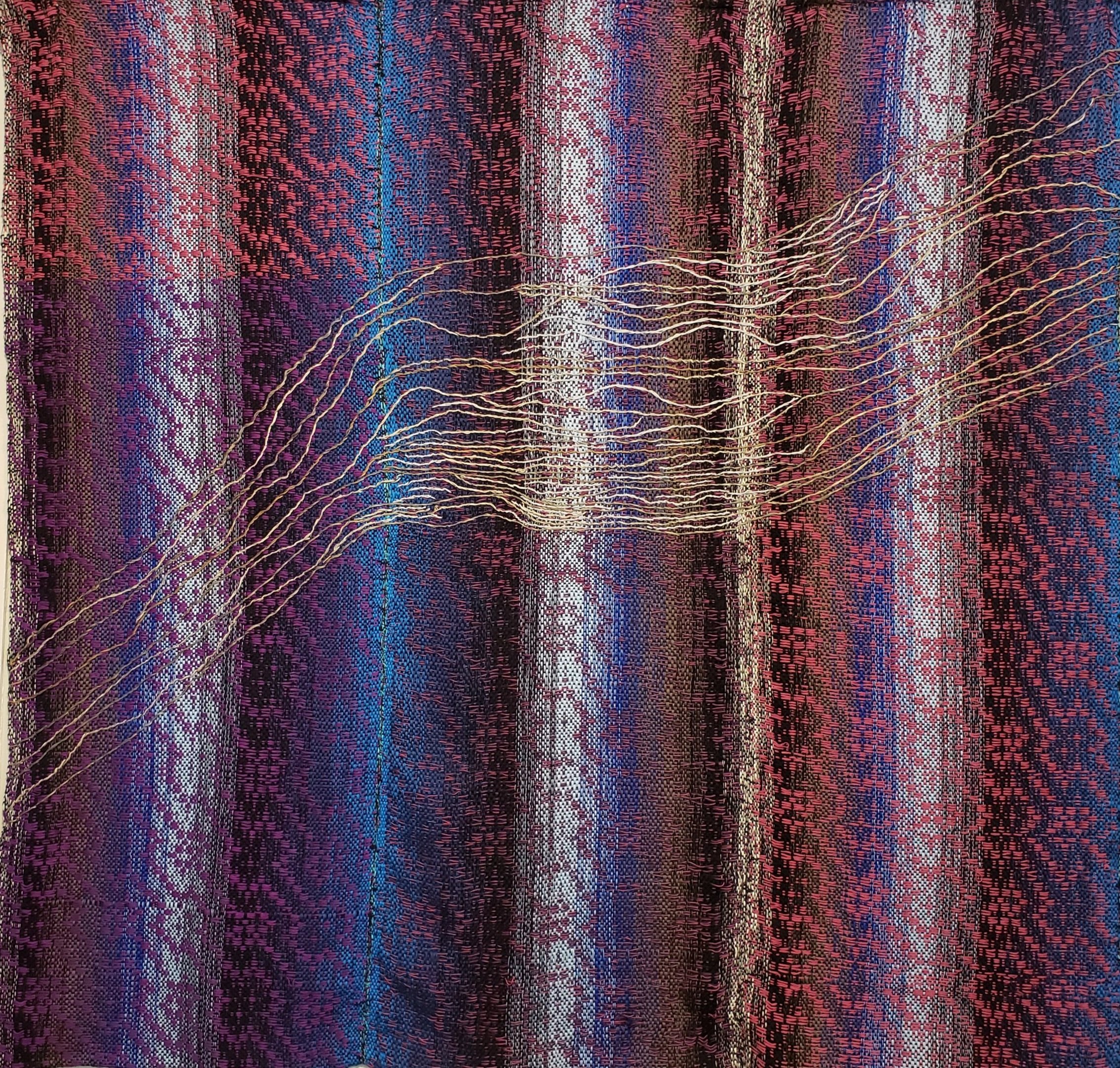 "Waterway Over Super Highway", 2022, acrylic & cotton, 44"x45", weaving pattern source: adapted from Bertha Grey Hayes drafts 1938-46, and Edna Braun (Louisville, KY) draft from 1958. (Property of the Artist)