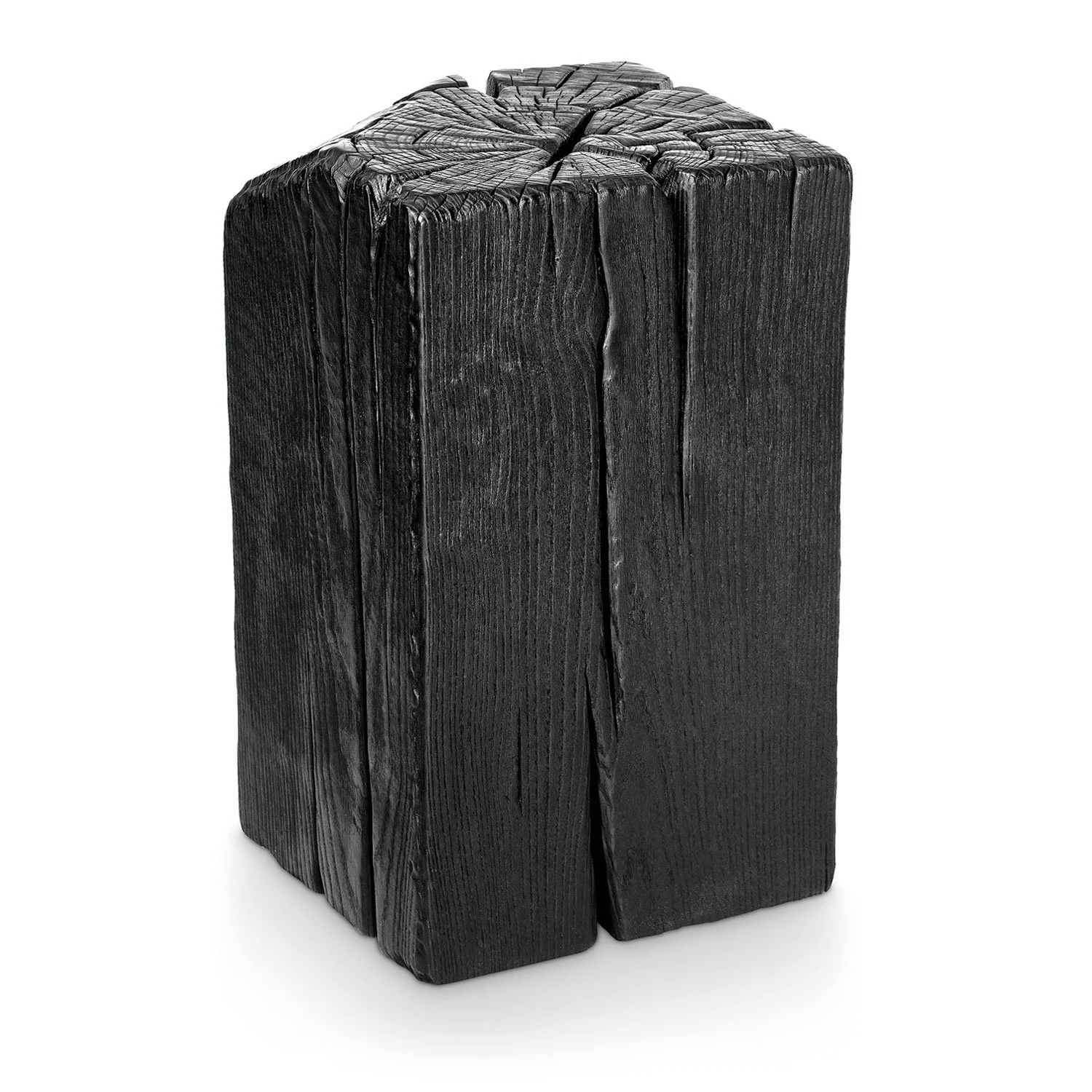 A black wooden post with visible grain and cracks, standing upright against a white background.