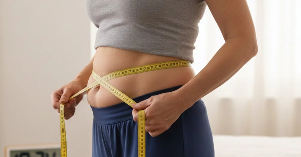 A woman measuring her waist, illustrating the struggle with menopause belly fat despite diet and exercise efforts.
