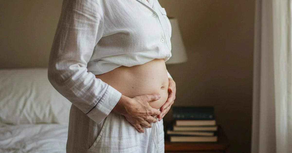 Close-up of pinching midsection skin, illustrating the stubborn nature of menopause belly fat.