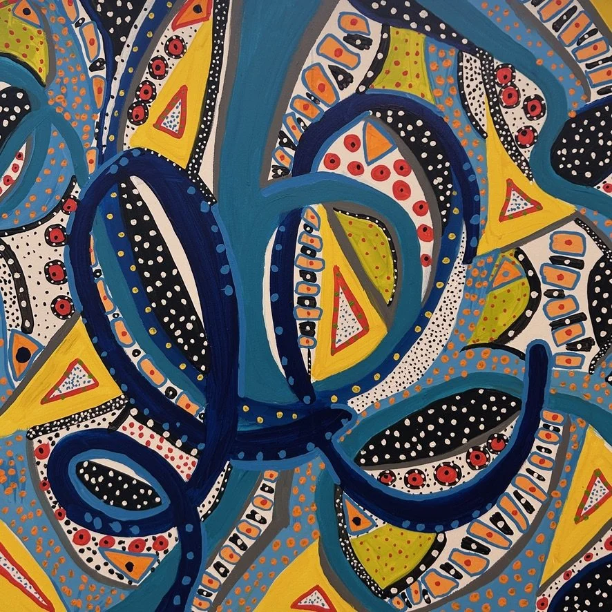 Loop de Loop by Esther Ritz, original 36x36 square abstract acrylic painting on canvas featuring fluid interlocking loops, biomorphic pathways, and meticulous dotwork