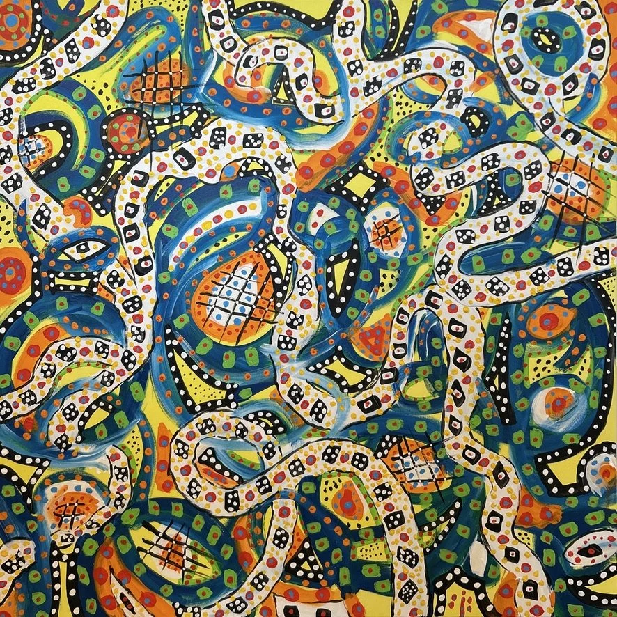 A Roll of the Dice by Esther Ritz, original 36x36 square abstract acrylic painting on canvas exploring chance and intuitive form through biomorphic curves and rhythmic dotwork