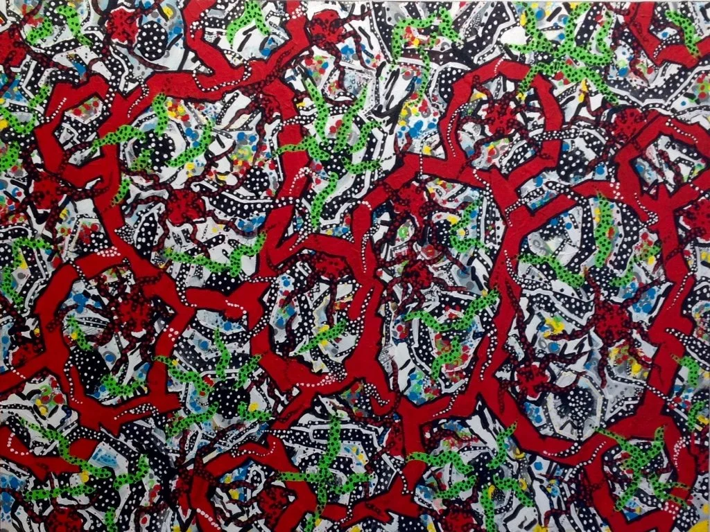 It's Only Make Believe by Esther Ritz, original 36x48 abstract acrylic painting on 2-inch deep canvas featuring bold red branching structures, green tendrils, and intricate black and white dot patterns