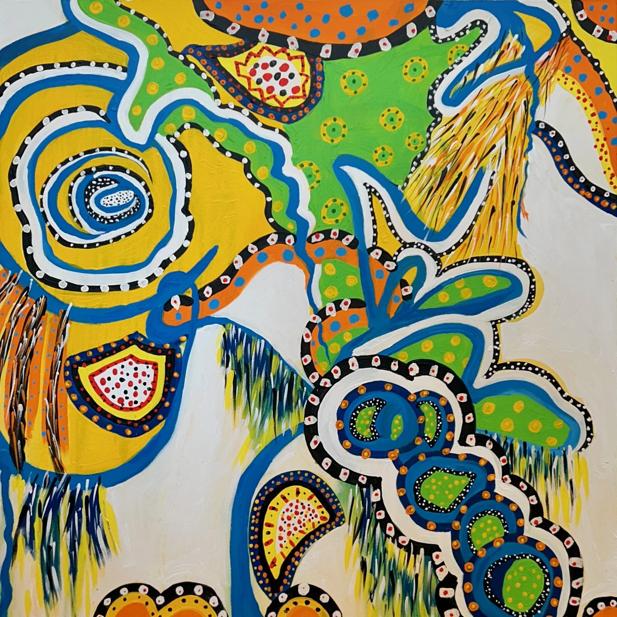 Falling Apart by Esther Ritz, 2026, original 36x36 square acrylic painting on canvas featuring bright yellow, blue, and lime green biomorphic spirals and rhythmic dotwork
