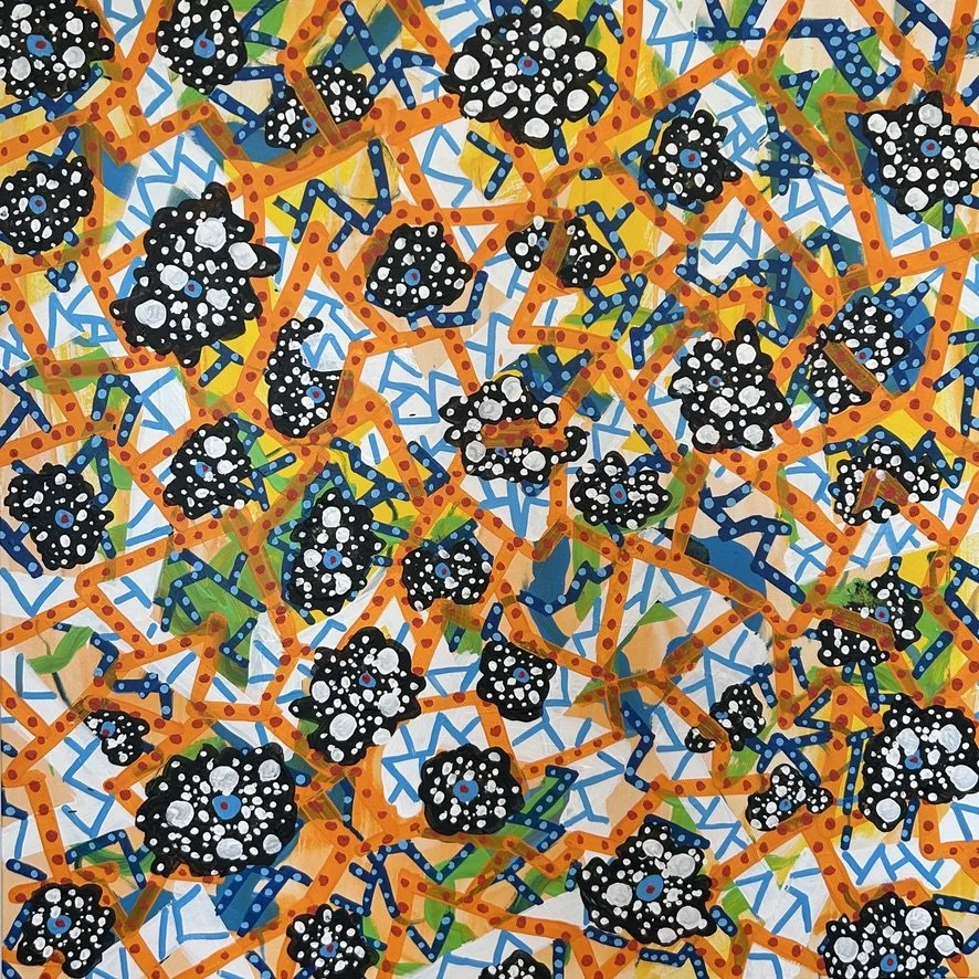 Kaleidoscope by Esther Ritz, original 36x36 square abstract acrylic painting on canvas featuring prismatic color fields, faceted geometric forms, and rhythmic dotwork