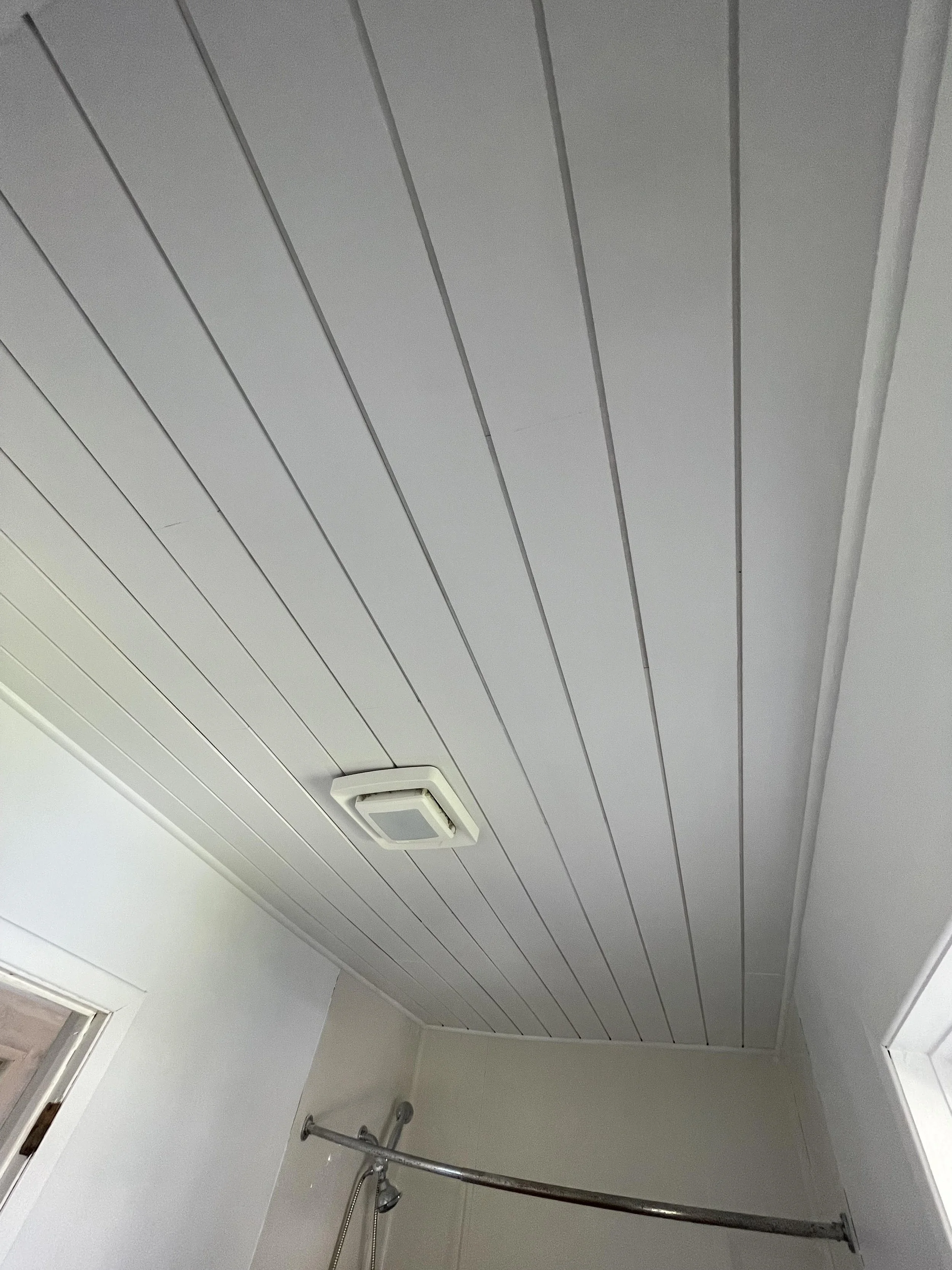 After - Bathroom ceiling. Shiplapped and trimmed out