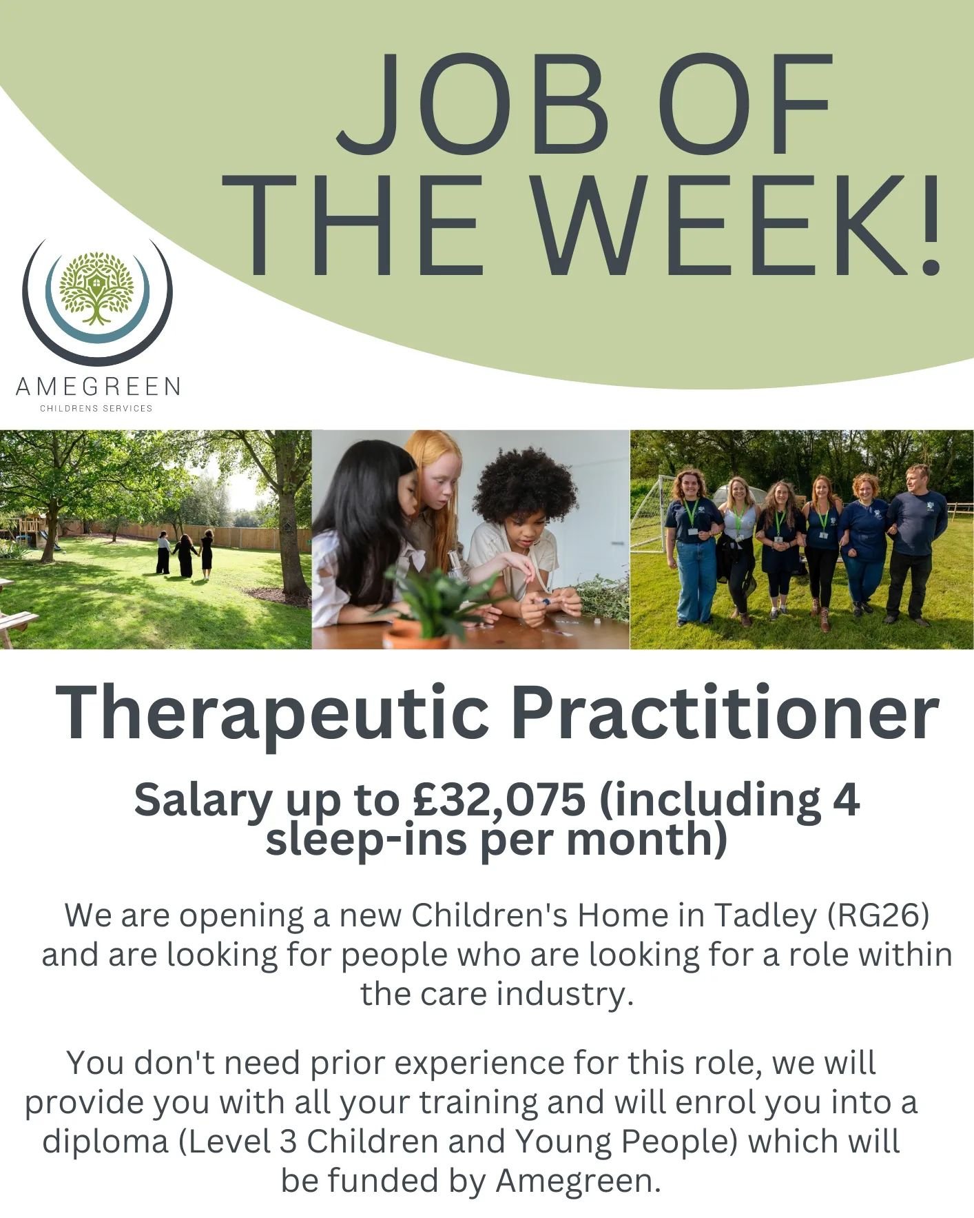 Job of the week! Therapeutic Practitioner 💚

Join our new team in Tadley! We are in the process of opening a brand new home, and we are looking for amazing people who would like to join us and make a difference together.

Send us a DM or apply on ou