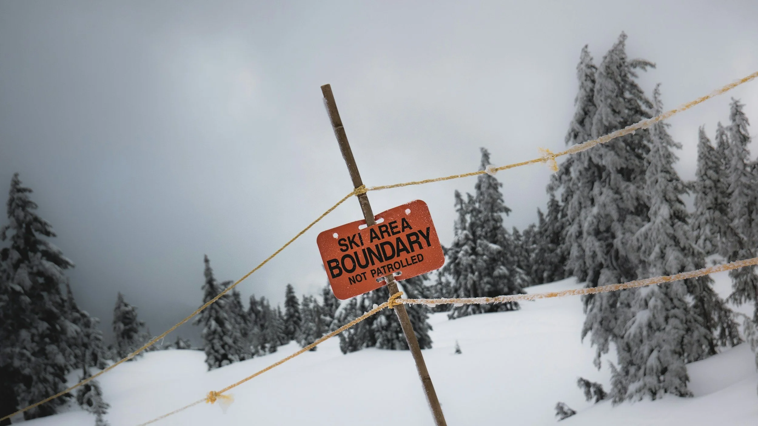 A snowy mountain landscape with a fence and a sign that reads 'Ski Area Boundary Not Patrolled'.