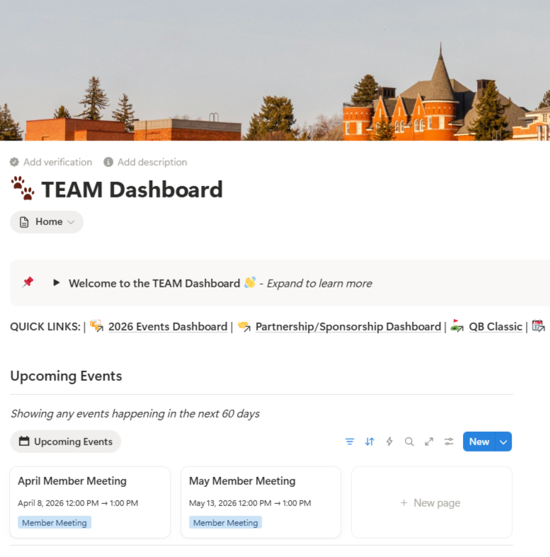 Screenshot of a team dashboard webpage with a banner image of a building with towers and trees, and sections for upcoming events including meetings on April 8 and May 13, 2026.