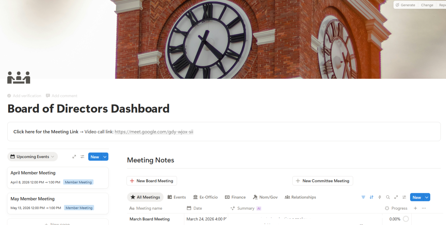 A screenshot of a Board of Directors Dashboard webpage, showing a large clock tower with a clock face displaying the time as 2:15, and a calendar section with upcoming meetings listed.