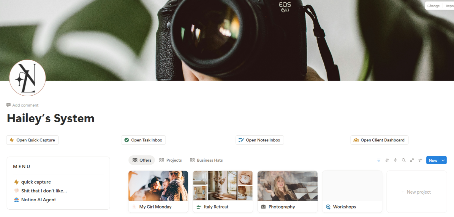 A screenshot of a digital workspace titled 'Hailey's System,' featuring a header image of a camera, icons for quick capture, task inbox, notes inbox, and client dashboard, a menu with options including 'quick capture', 'Shit that I don't like...', an