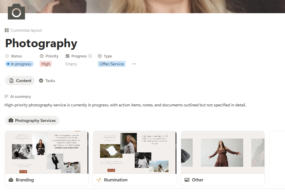 Screenshot of a project management interface for a photography service, displaying statuses, priorities, and different photography categories like Branding, Illumination, and Other.