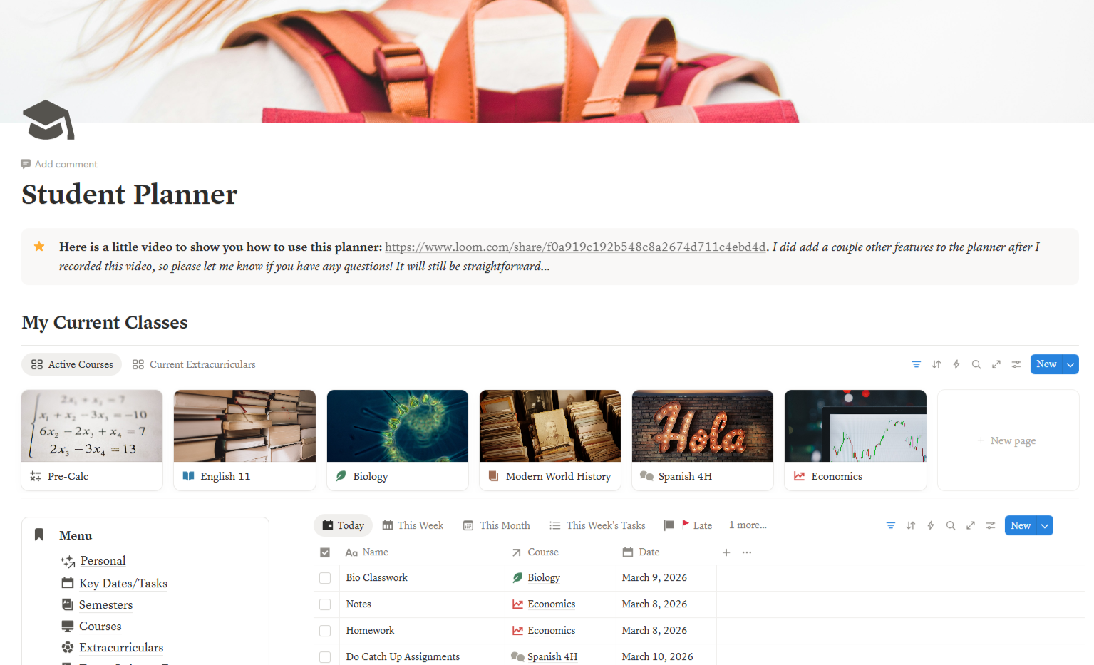 Screenshot of a student planner dashboard showing current classes, including Pre-Calc, English 11, Biology, Modern World History, Spanish 4H, and Economics, with menus for personal info, key dates, semesters, courses, and extracurriculars.