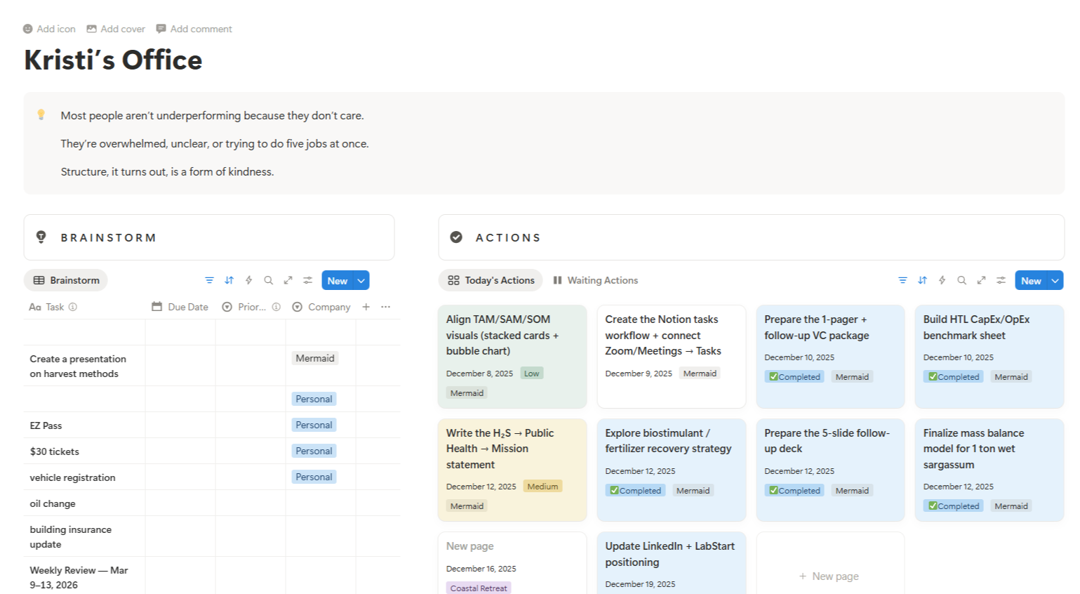 Screenshot of Kristi's Office task management webpage showing project priorities, tasks, and actions with a clean, organized layout.