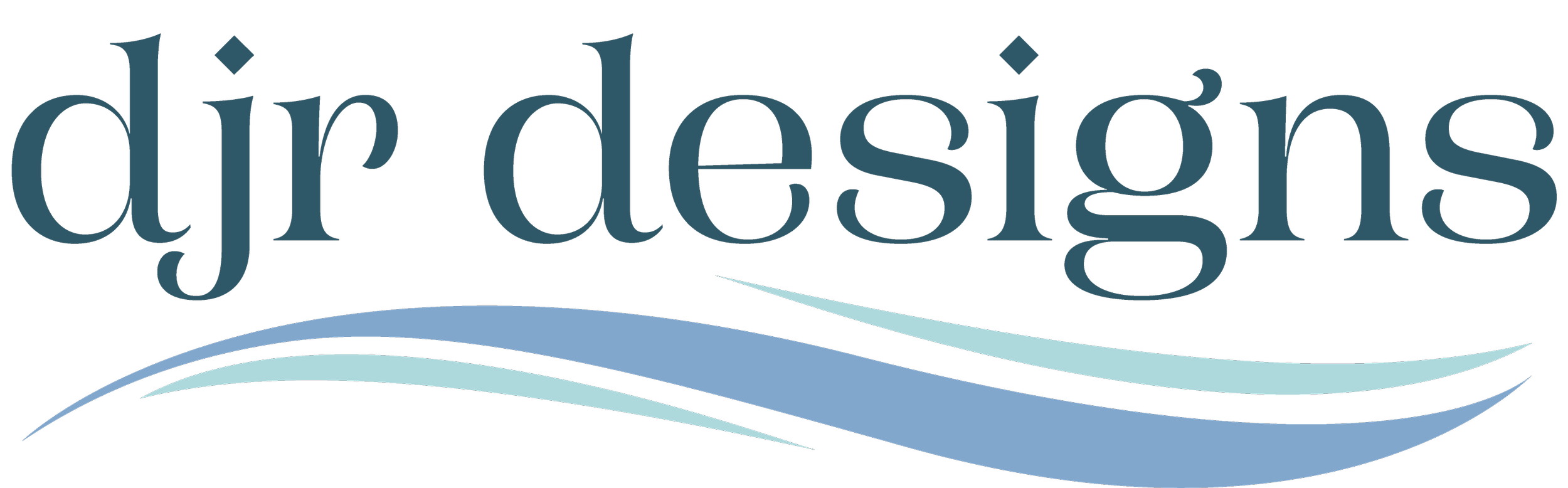A logo with the words 'djr designs' in stylized blue text with flowing wave-like shapes underneath.