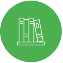 Icon of three books on a shelf, with one tilted.