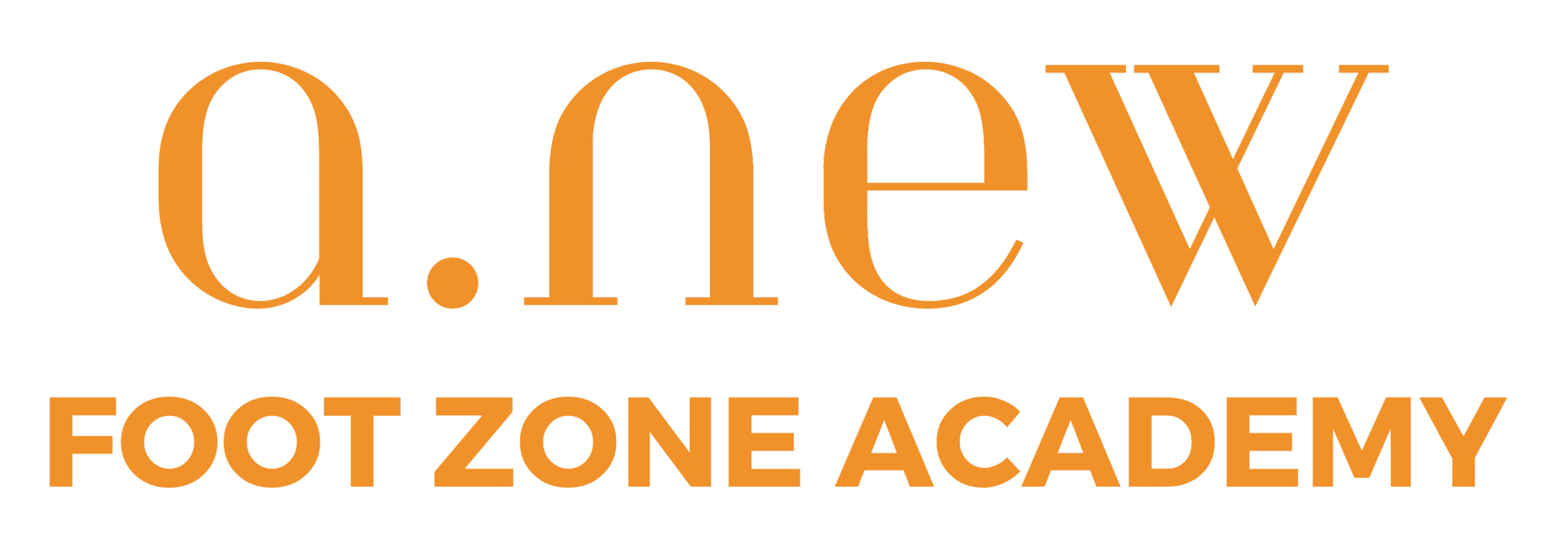 Logo for a.n.e.w FOOT ZONE ACADEMY with orange text on black background.