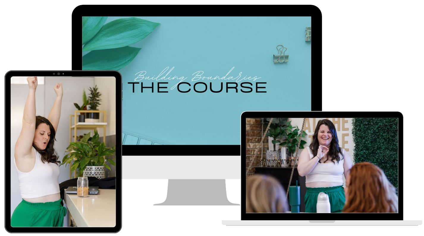 Multiple images of women participating in a workshop or class, with a computer screen displaying a course titled "Building Boundaries: The Course." One woman is stretching with arms raised, and another woman is smiling and speaking in front of an audience.