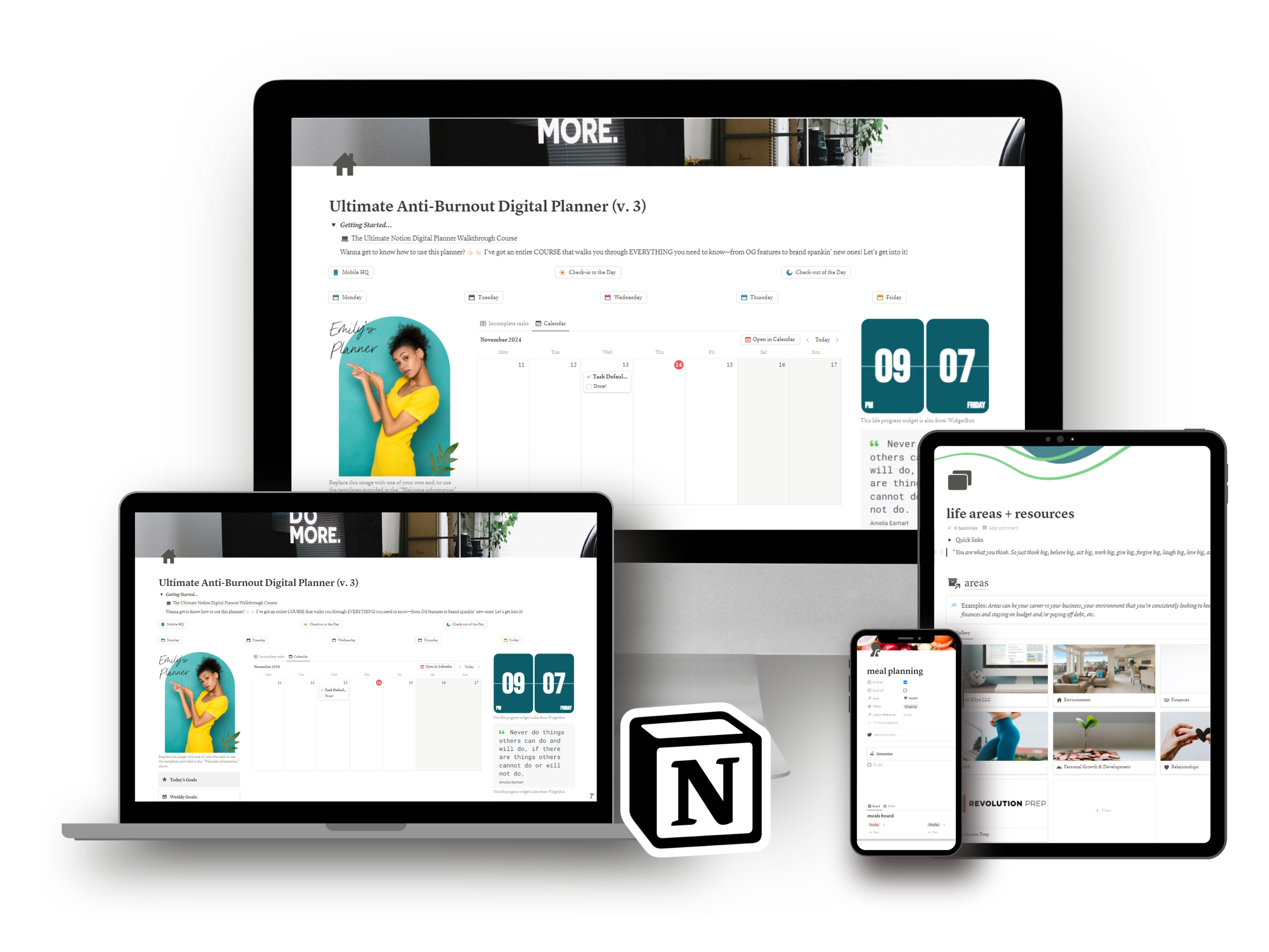 Multiple electronic devices displaying digital planning and organizing content, including a smartwatch, tablet, laptop, and smartphone, with a Notion logo in the center.