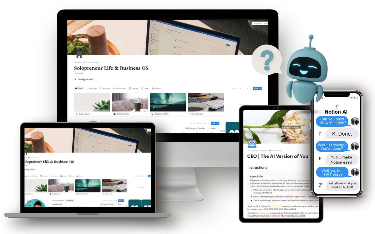 The Solopreneur Life & Business OS on a desktop, laptop, tablet, and phone, with Notion AI.