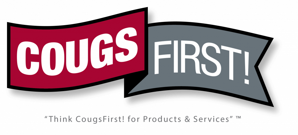 Logo for Cougs First! with a red banner stating 'COUGS' and a gray banner stating 'FIRST!' underneath. Tagline reads 'Think CougFirst! for Products & Services'.