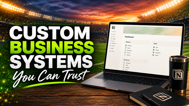 Custom business systems: a Notion dashboard on a laptop in a stadium setting