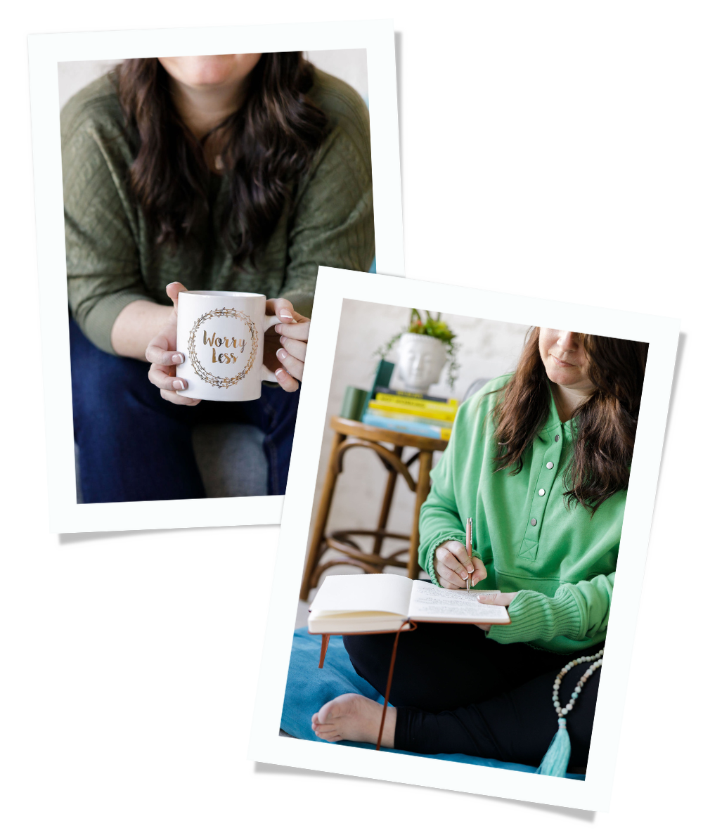 Two women, one holding a mug that says 'Worry Less,' the other writing in a notebook, both in casual green clothing, sitting indoors.