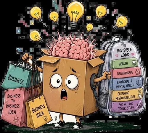 A cartoon box with a brain carrying a backpack labeled the invisible load