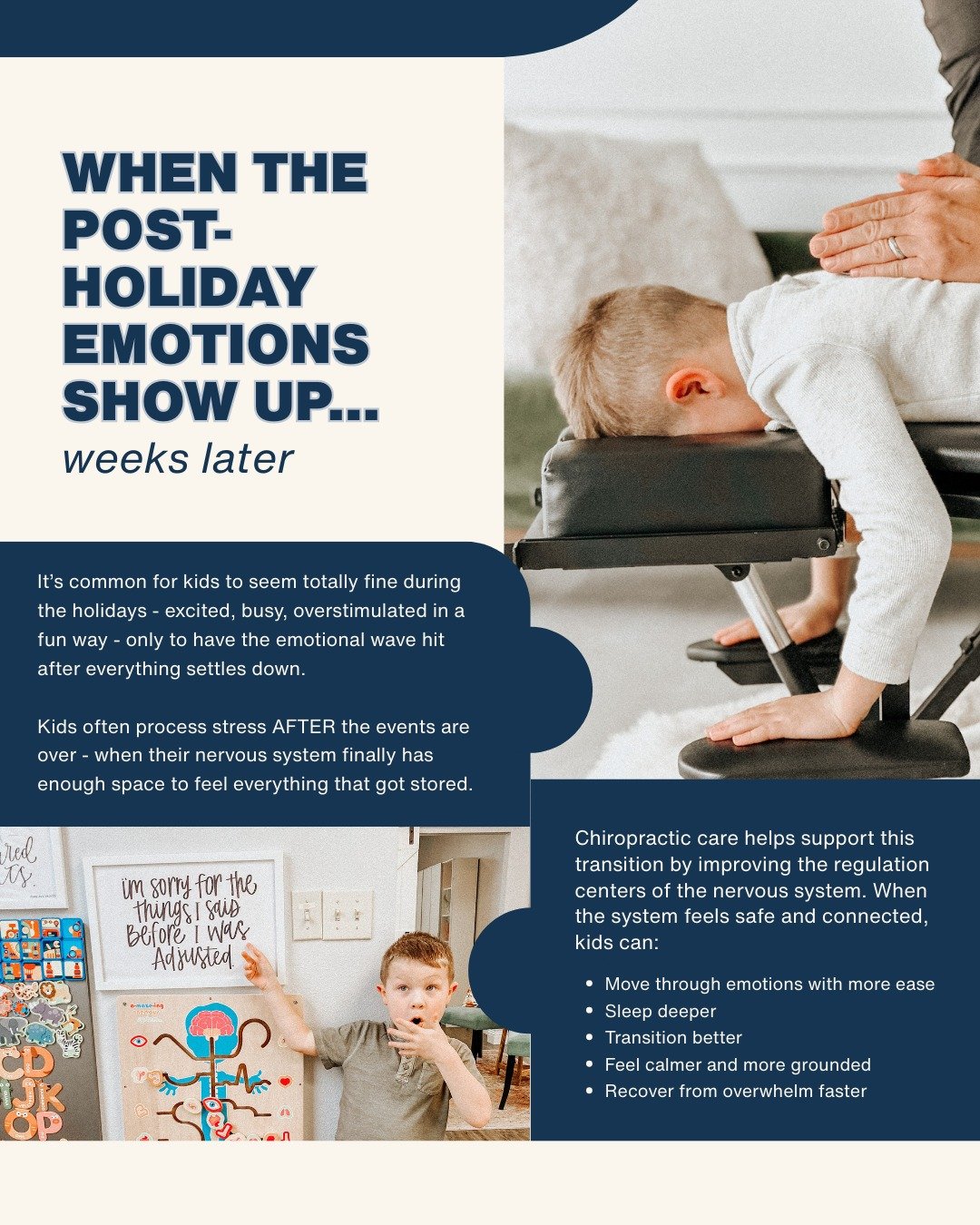 It&rsquo;s common for kids to seem totally fine during the holidays - excited, busy, overstimulated in a fun way - only to have the emotional wave hit after everything settles down.

You might notice:

🌀 Bigger emotions in January
😣 Sudden clingine