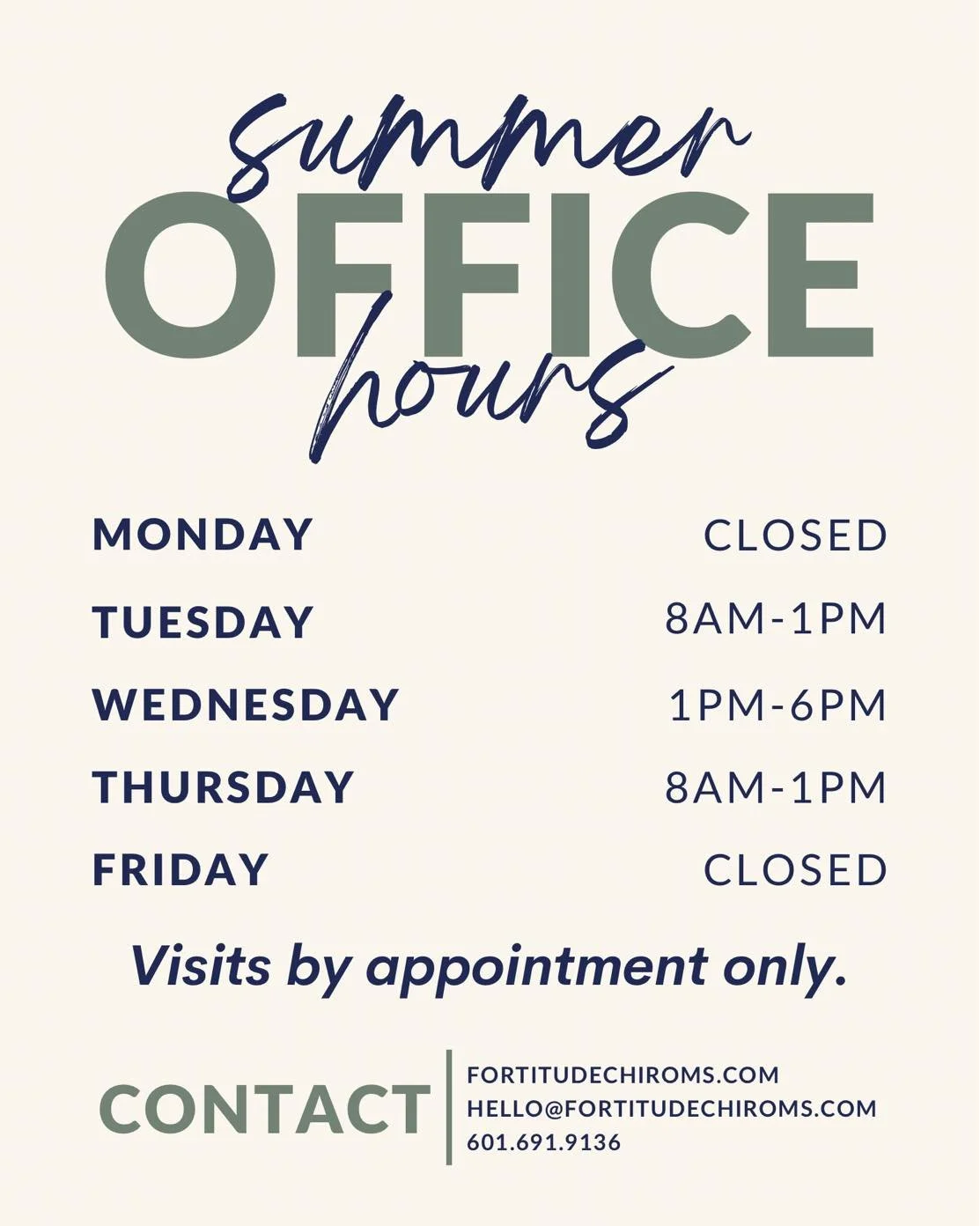 ☀️ Summer Hours Starting June 16!

We&rsquo;re adjusting our schedule for the summer to better serve you, starting next week through the end of July. 

Have questions or want to book an appointment? We&rsquo;re happy to help!

Call or text us at 601-