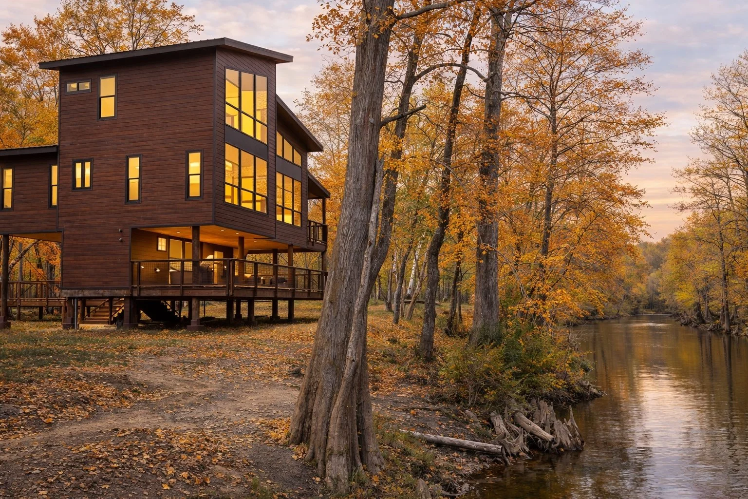 A modern multi-story house with large windows, situated by a river, surrounded by trees with fall foliage.