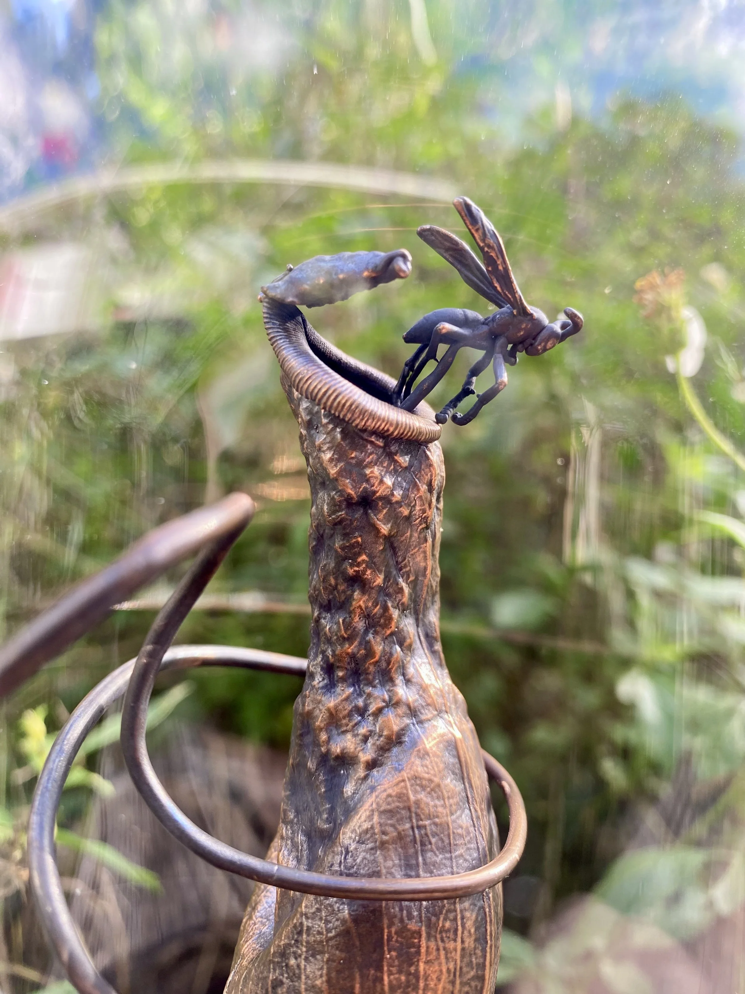 Detail of a copper carnivorous plant and wasp specimen 