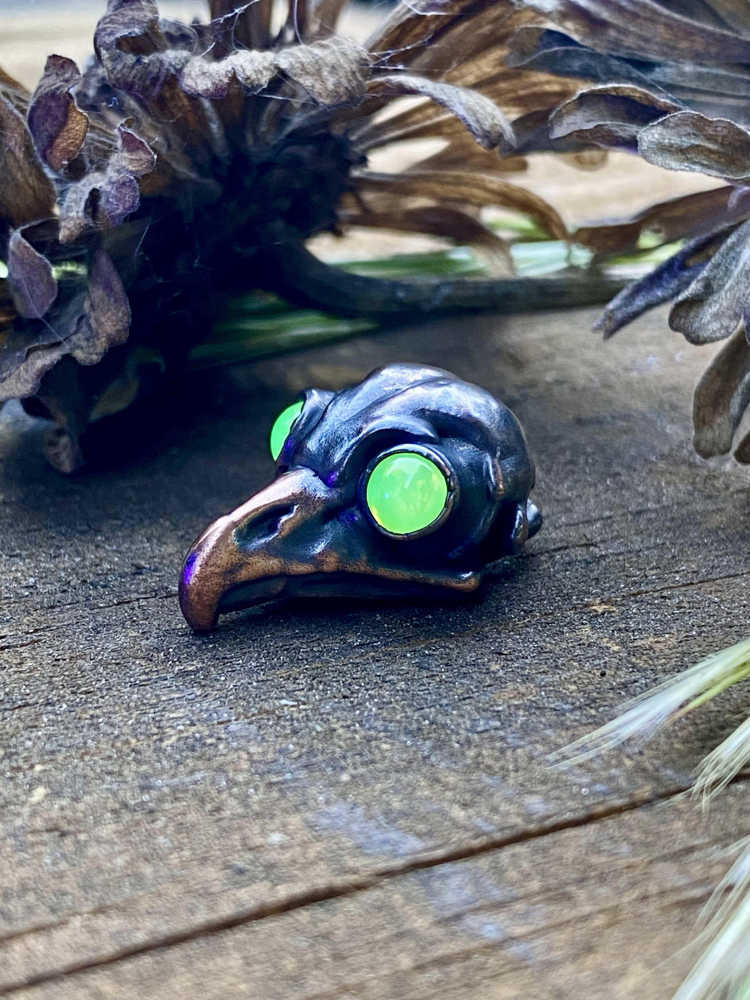 Owl skull with uranium glass eyes