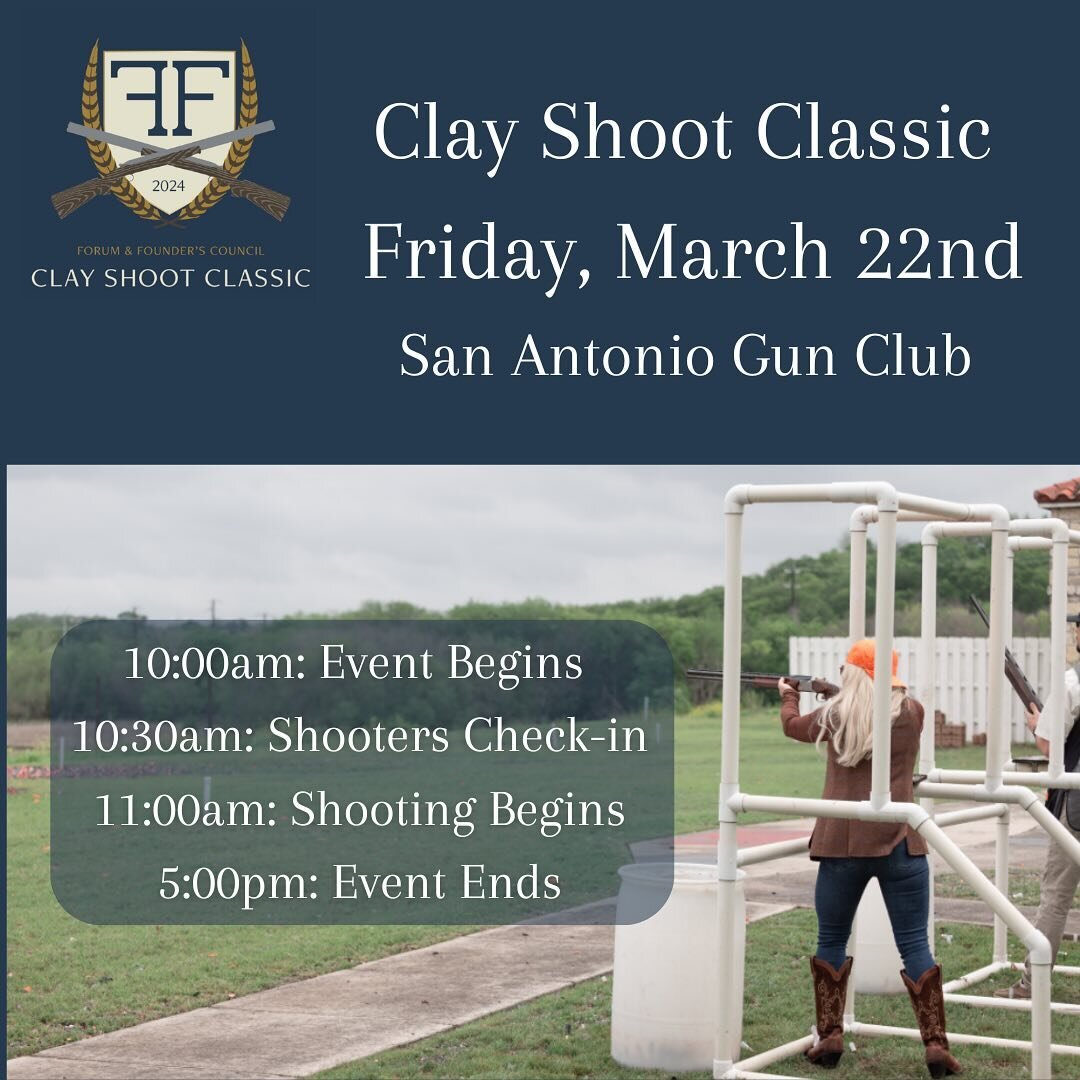 We can&rsquo;t wait to everyone on Friday! The Clay Shoot Classic will be held at the San Antonio Gun Club starting at 10am. 

New this year are Mystery Bags! You can purchase a custom canvas tote bag for $250, and it will be filled with at least $30