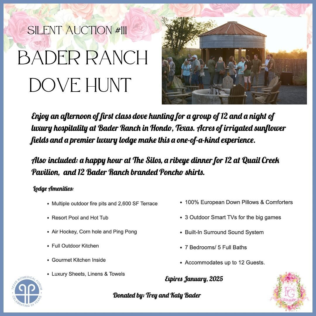 We have two incredible hunting packages available to win for our Silent Auction! 

The first includes an afternoon of first class dive hunting for a group of 12 and a night of luxury hospitality at Bader Ranch in Hondo, Texas. Also included is a happ