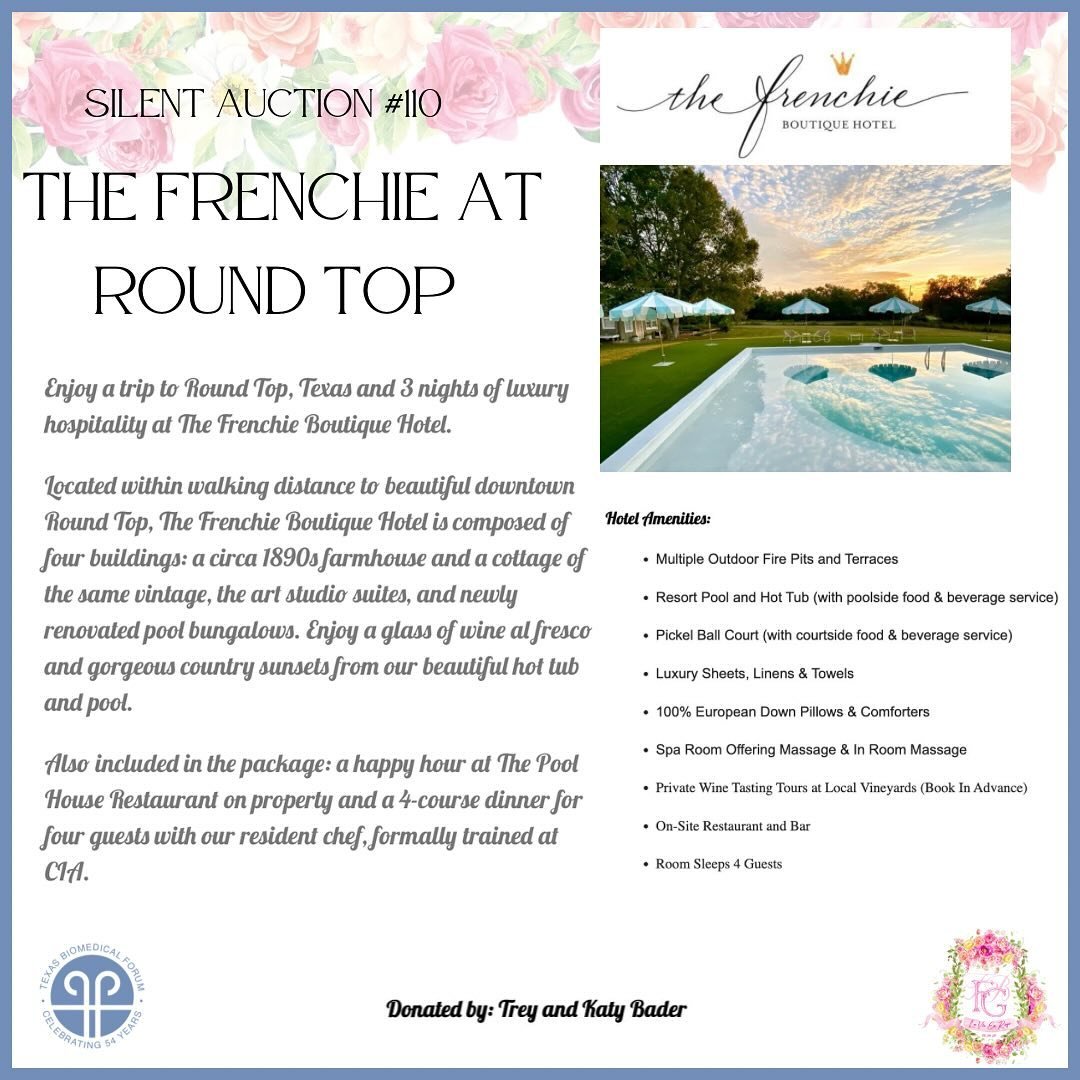 Two Texas retreats are available to win during our Silent Auction and you don&rsquo;t want to miss out on these! 

First, is a 3 night stay at The Frenchie Boutique Hotel in Round Top, Texas. The Frenchie is composed of four buildings: a circa 1890s 