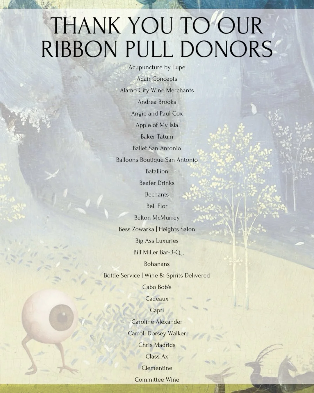 With gratitude to our ribbon pull donors! 

Pull the ribbons gala night to discover the prizes that await.