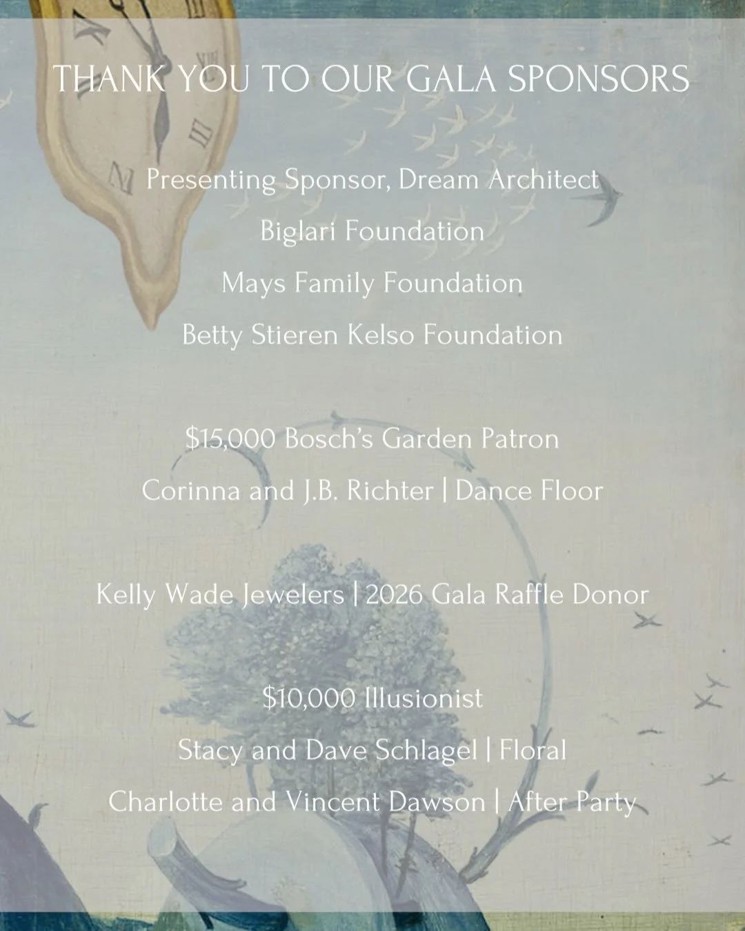 With our deepest thanks to our Surreal Soir&eacute;e sponsors.

Your generosity is bringing the evening to life!