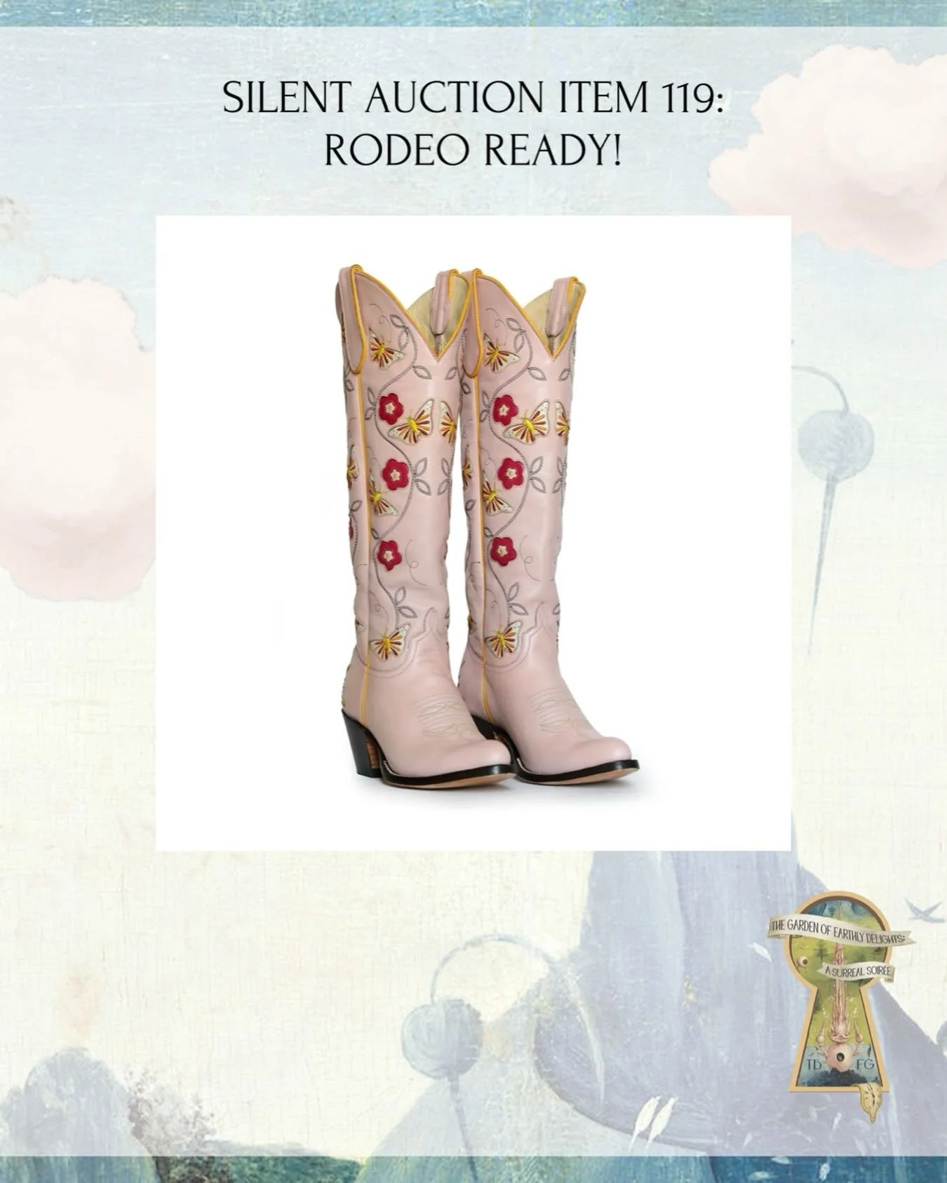 AUCTION ITEM 119: Rodeo Ready!

A gift card to Fr&auml;ulein Boots is the first step, with custom boots crafted to fit, built to last, and guaranteed to turn heads wherever you go. 

Top it all off with a Hat Bar gift card to create the perfect state
