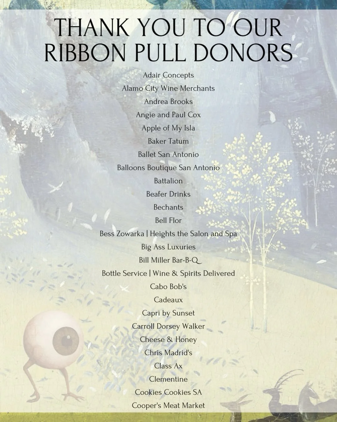 With gratitude to our ribbon pull donors! 

Pull the ribbons TONIGHT to discover the prizes that await.