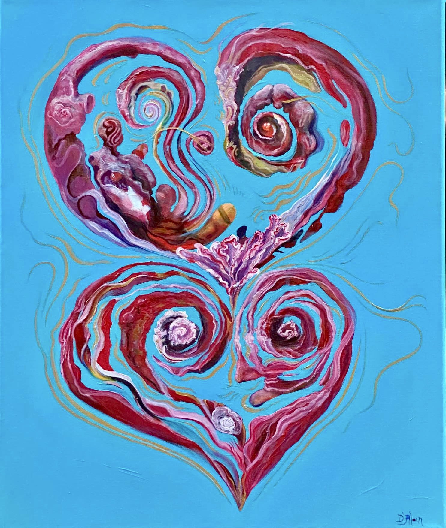 Abstract painting featuring three intertwined hearts with swirling patterns in shades of red, pink, and purple on a bright blue background.