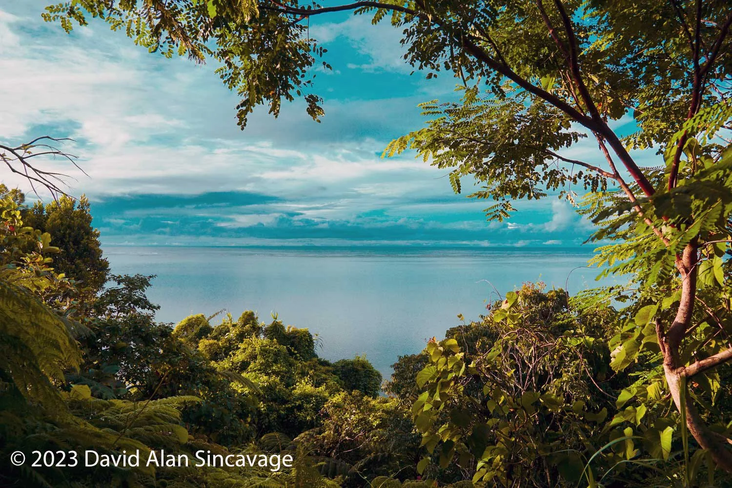 The bay near Waidroka Bay Resort, Fiji — still water, low green hills behind it