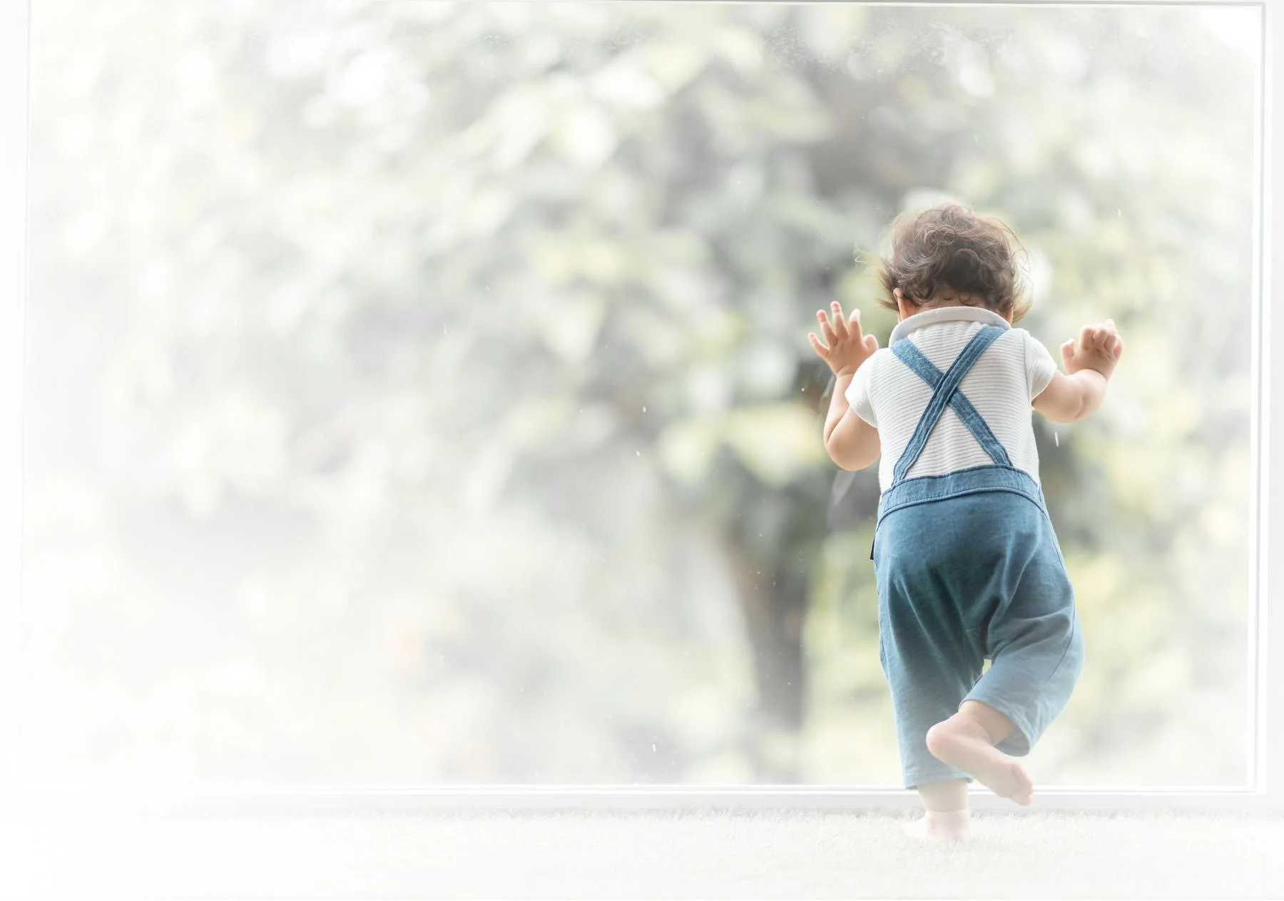 A young child with curly hair, wearing a white shirt and blue overalls, stands on tiptoe near a large glass window, looking outside at blurred green trees.