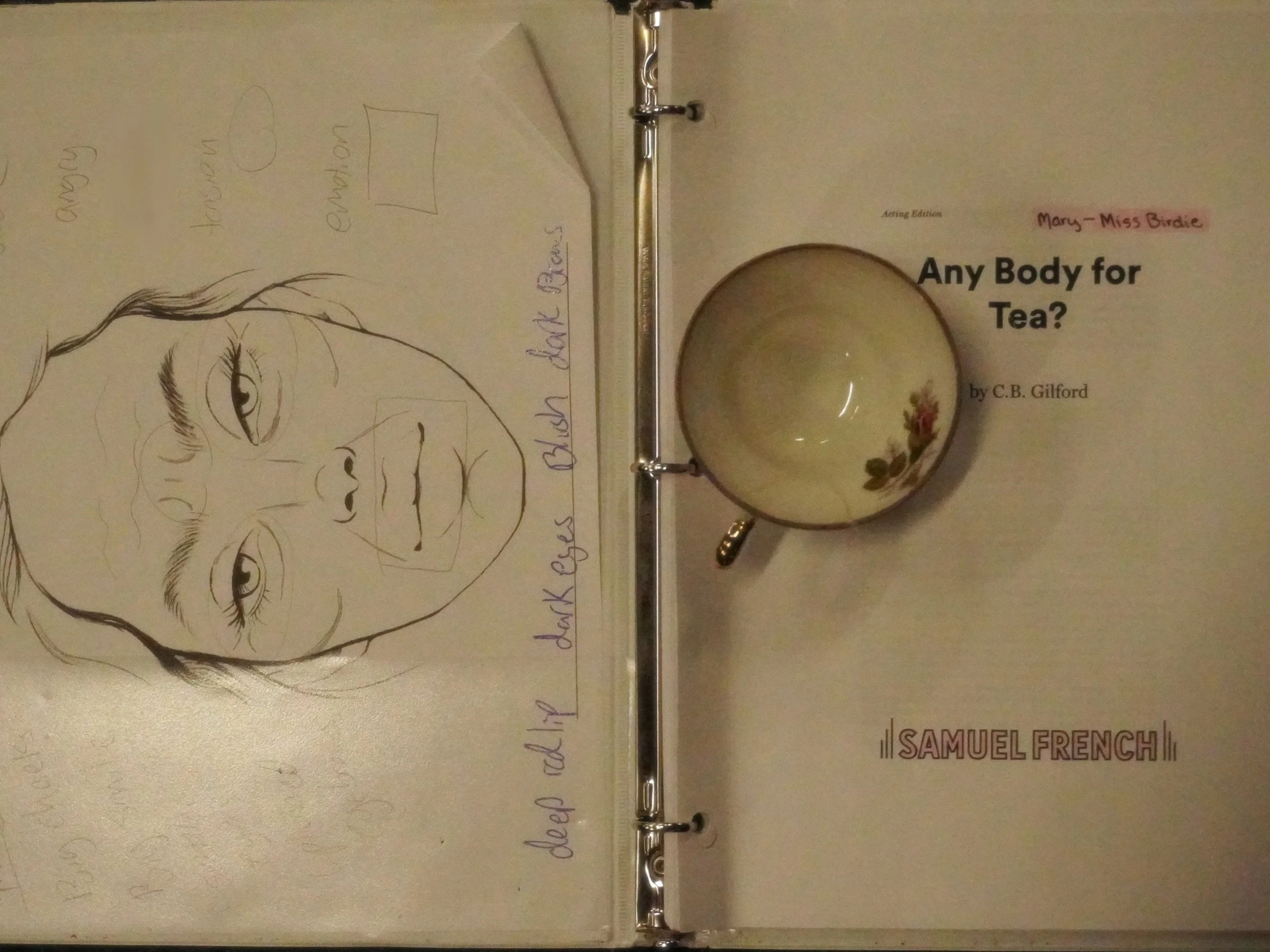 teacup on a binder with face on it