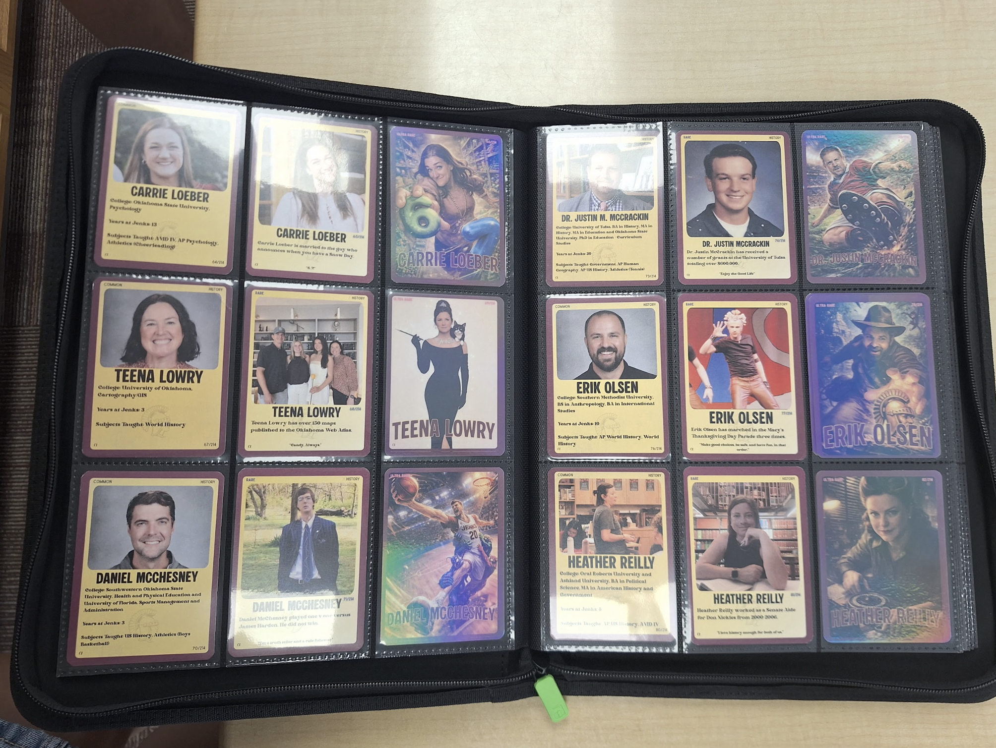Collectable cards with the faces of Jenks High School staff