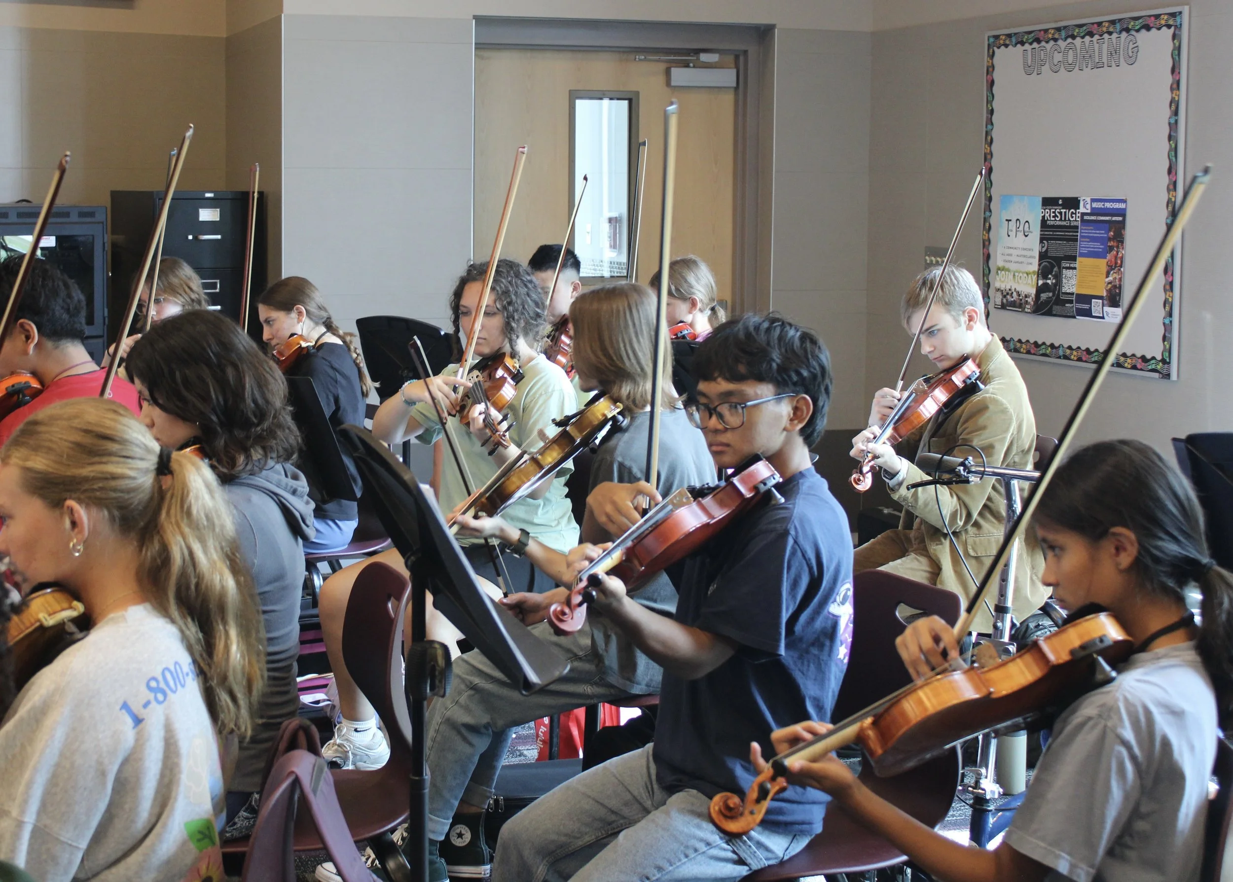 The violin section plays in Symphony Orchestra rehearsal.