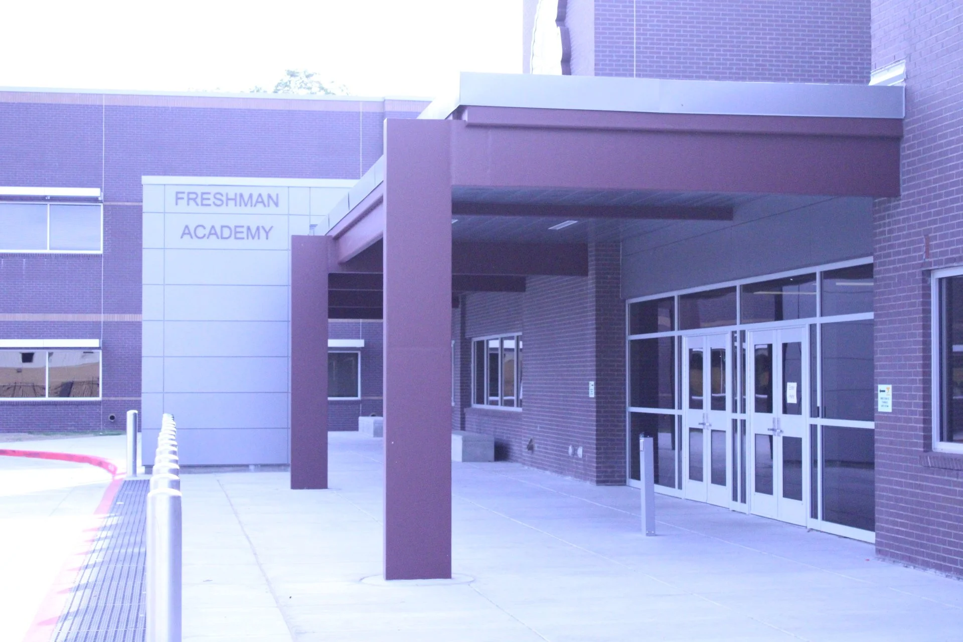 The entrance to the Freshman Academy, brick walls and a nice walkway