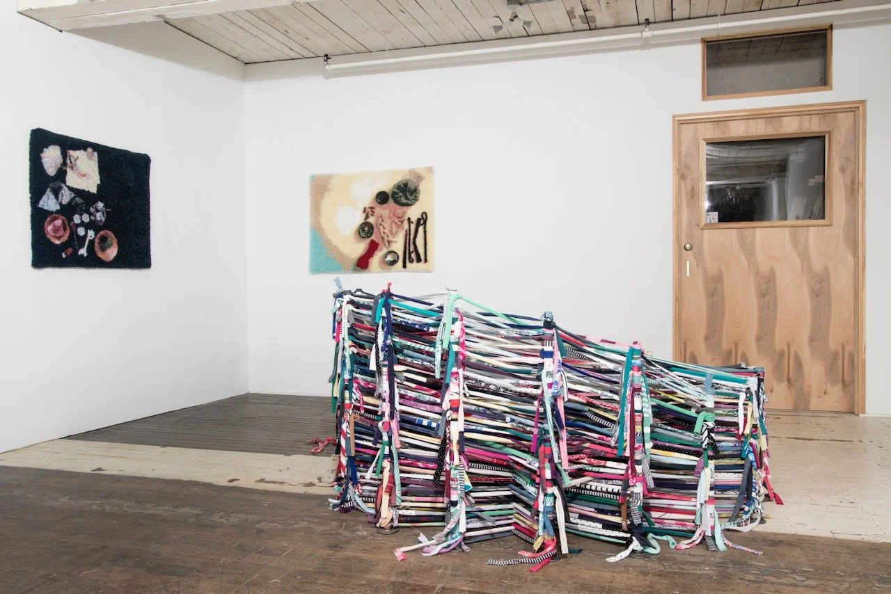 [in foreground] Deirdre McConnell; Hark!; fabric, steel, iron, and incantation; approximately 96" x 88" x 37"