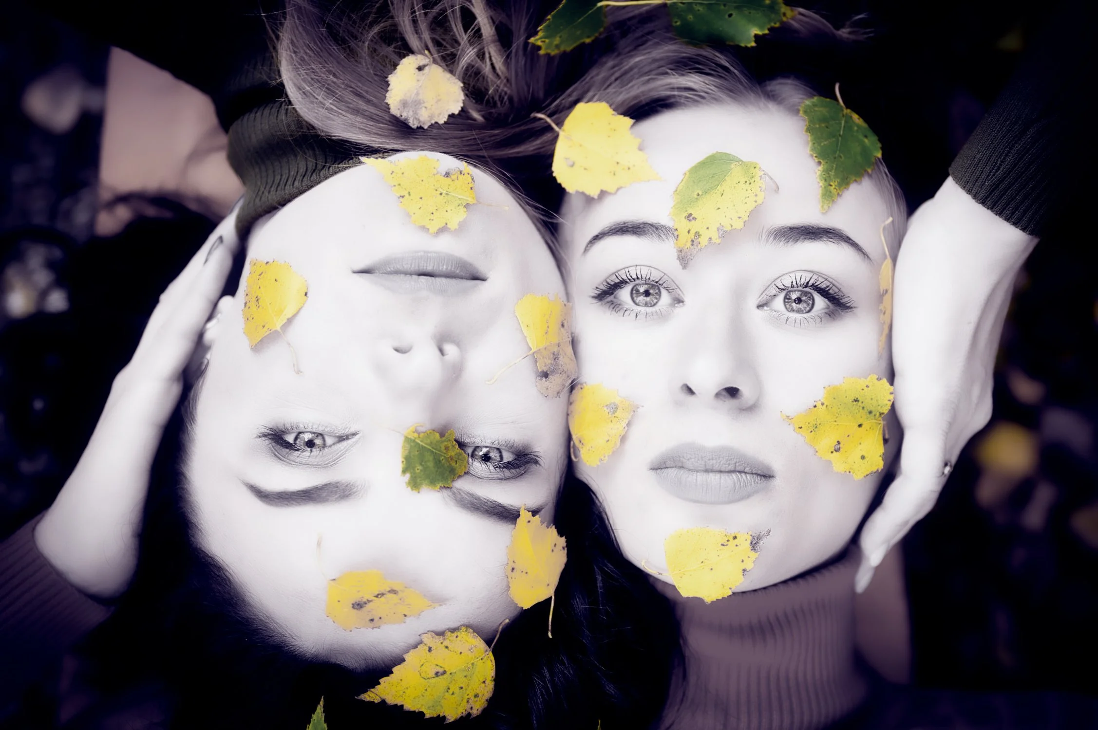 Zwei Frauen liegen mit frischen Herbstblättern auf ihren Gesichtern im Gras und schauen in die Kamera.